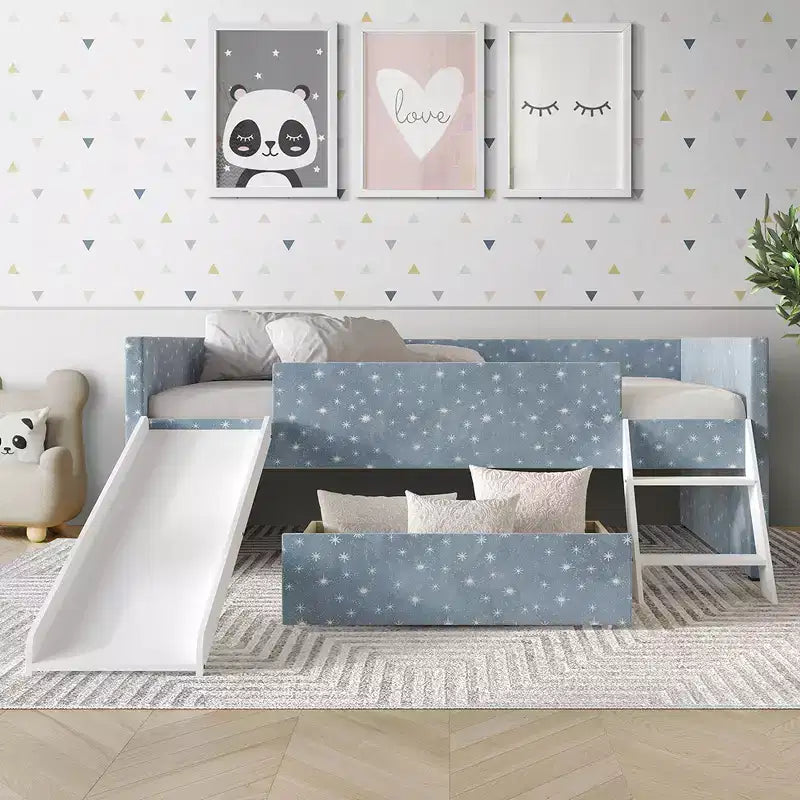 Lit mezzanine double en velours avec toboggan, échelle, garde-corps et tiroir de rangement, pour enfants