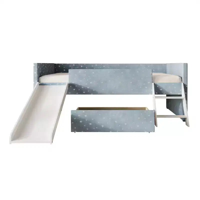 Lit mezzanine double en velours avec toboggan, échelle, garde-corps et tiroir de rangement, pour enfants