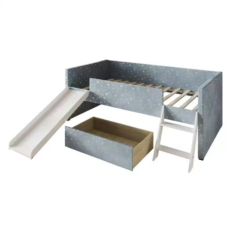 Lit mezzanine double en velours avec toboggan, échelle, garde-corps et tiroir de rangement, pour enfants