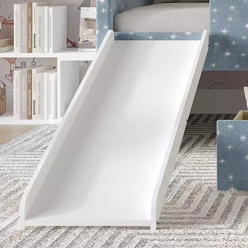 Lit mezzanine double en velours avec toboggan, échelle, garde-corps et tiroir de rangement, pour enfants
