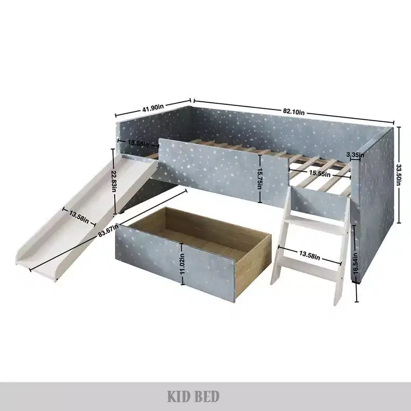 Lit mezzanine double en velours avec toboggan, échelle, garde-corps et tiroir de rangement, pour enfants