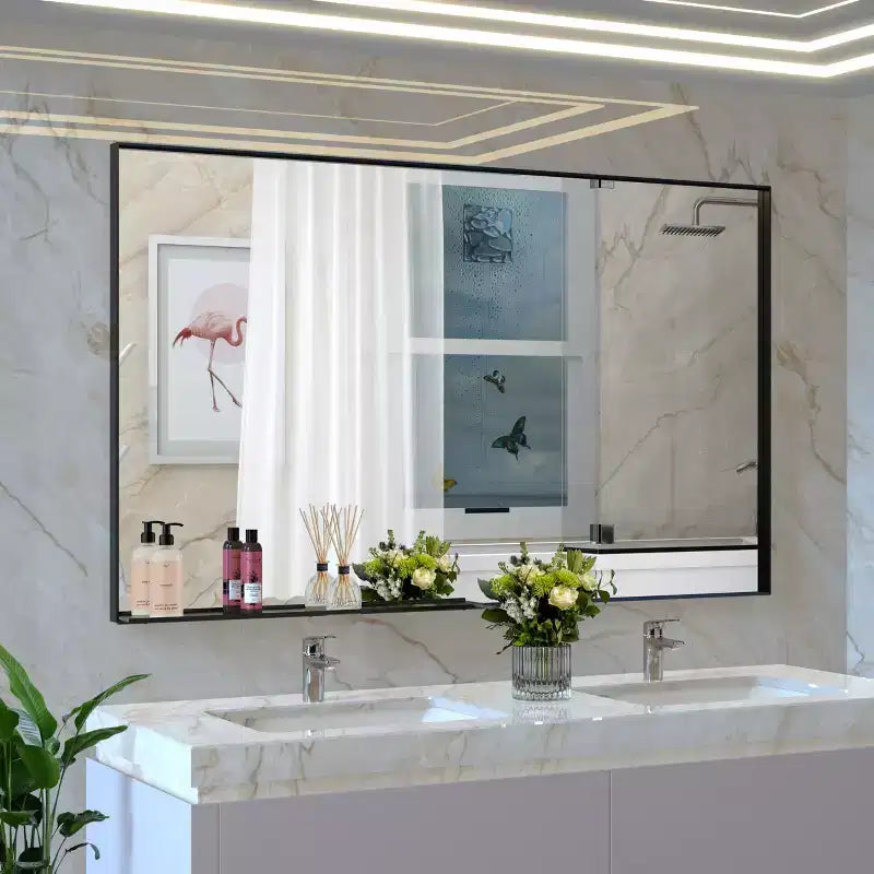 Miroir de salle de bain moderne 60x40 avec cadre noir : Grand format, aluminium, mural, vertical/horizontal