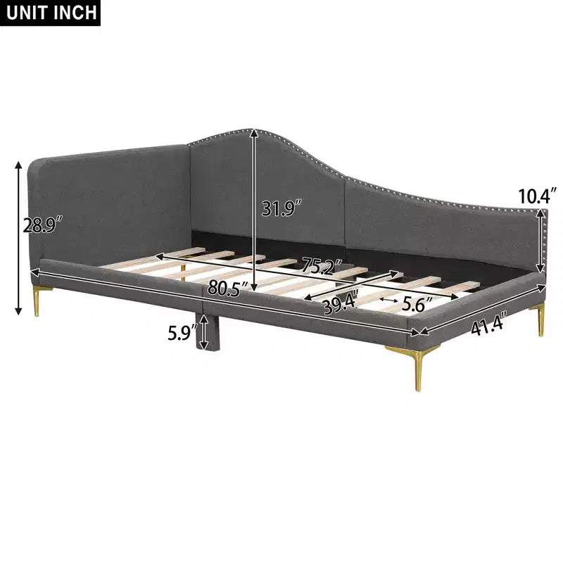 Lit de repos capitonné en lin double/grand format avec tête de lit, accoudoir et pieds de support