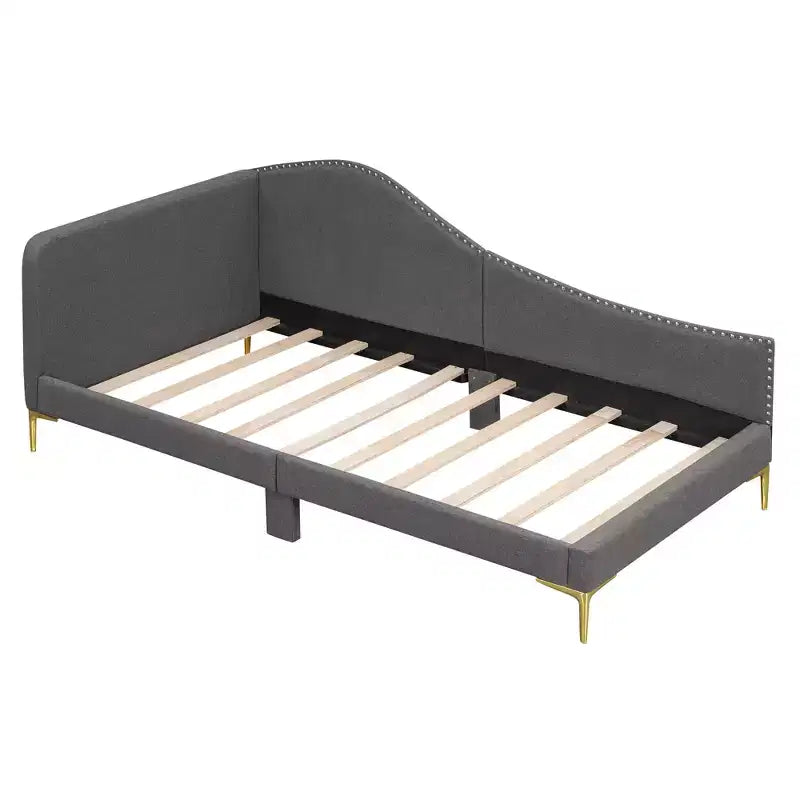 Lit de repos capitonné en lin double/grand format avec tête de lit, accoudoir et pieds de support