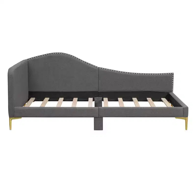 Lit de repos capitonné en lin double/grand format avec tête de lit, accoudoir et pieds de support