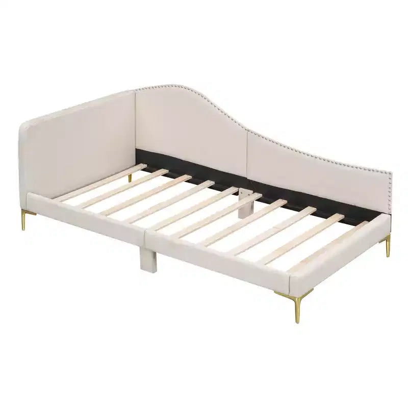 Lit de repos capitonné en lin double/grand format avec tête de lit, accoudoir et pieds de support