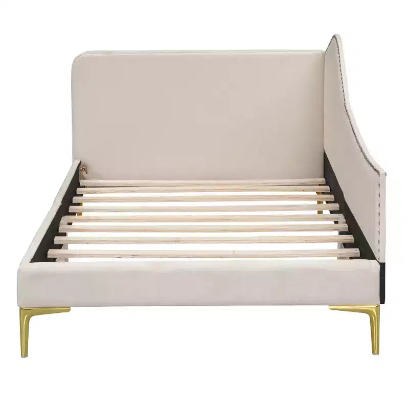 Lit de repos capitonné en lin double/grand format avec tête de lit, accoudoir et pieds de support