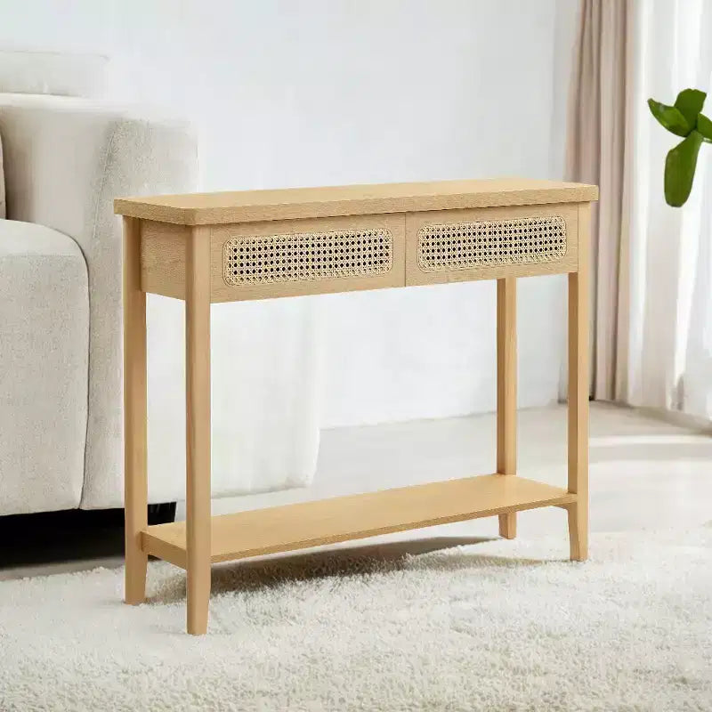 Console en rotin avec 2 tiroirs et étagère ouverte, table d'entrée étroite, 100 cm de large