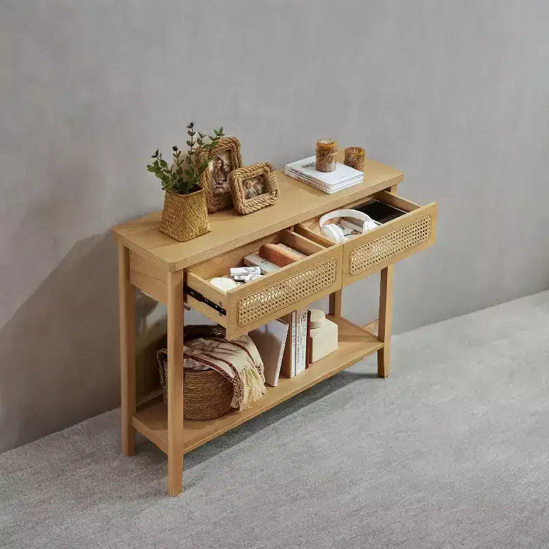 Console en rotin avec 2 tiroirs et étagère ouverte, table d'entrée étroite, 100 cm de large