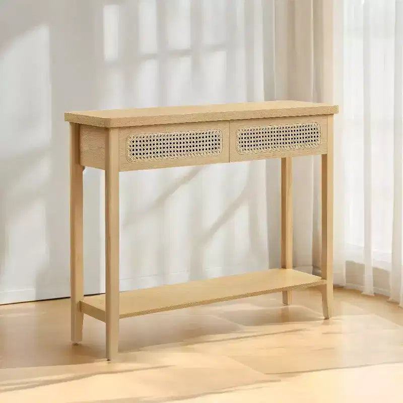 Console en rotin avec 2 tiroirs et étagère ouverte, table d'entrée étroite, 100 cm de large