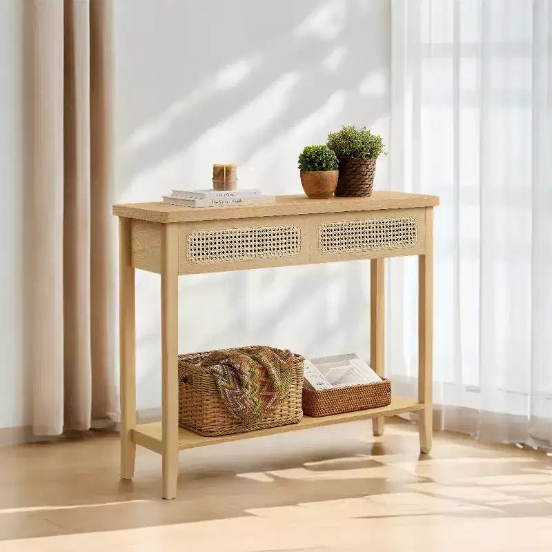 Console en rotin avec 2 tiroirs et étagère ouverte, table d'entrée étroite, 100 cm de large