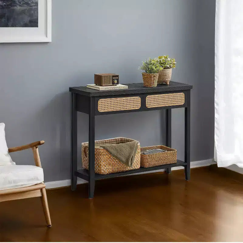 Console en rotin avec 2 tiroirs et étagère ouverte, table d'entrée étroite, 100 cm de large