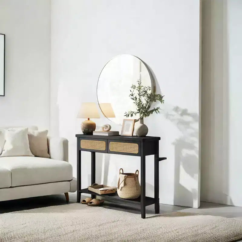 Console en rotin avec 2 tiroirs et étagère ouverte, table d'entrée étroite, 100 cm de large