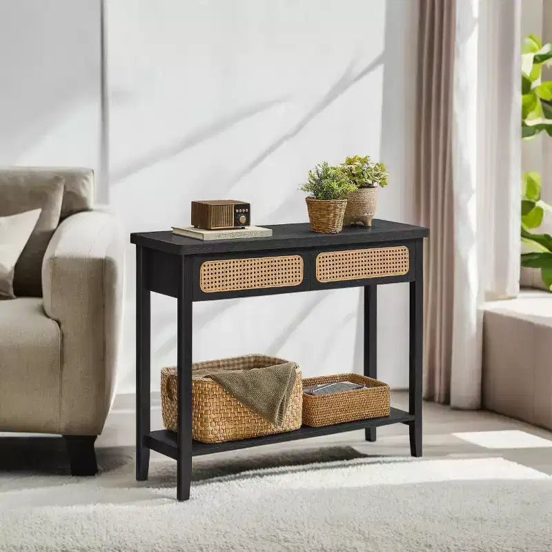 Console en rotin avec 2 tiroirs et étagère ouverte, table d'entrée étroite, 100 cm de large