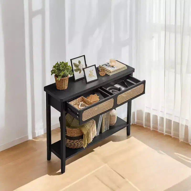 Console en rotin avec 2 tiroirs et étagère ouverte, table d'entrée étroite, 100 cm de large