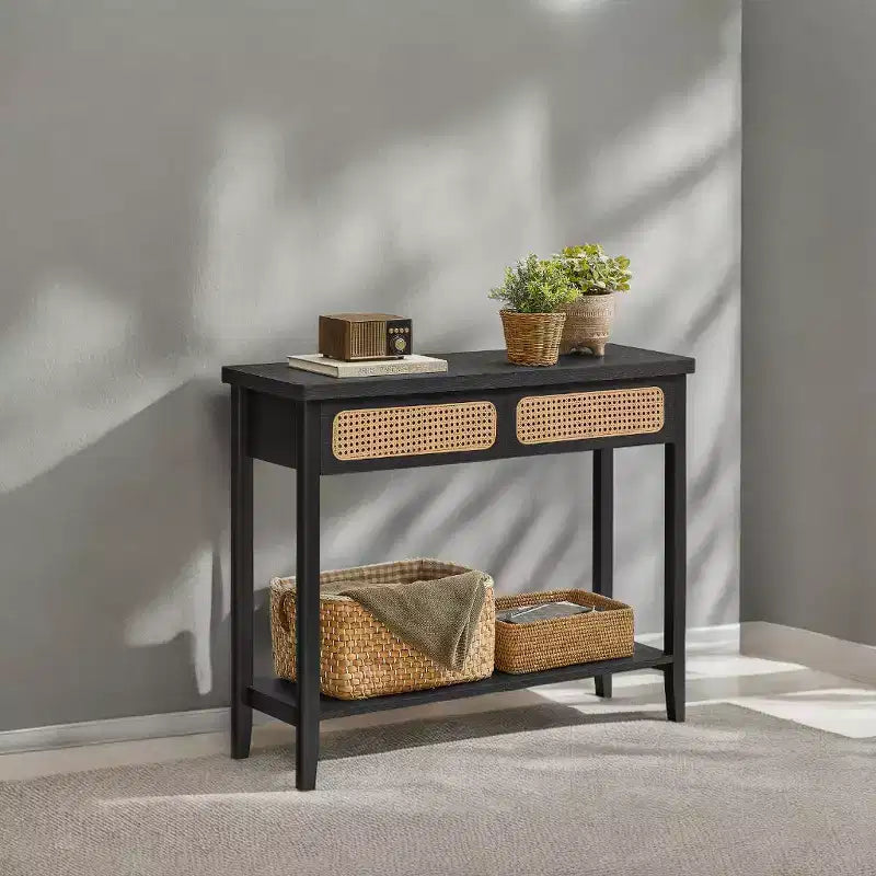 Console en rotin avec 2 tiroirs et étagère ouverte, table d'entrée étroite, 100 cm de large