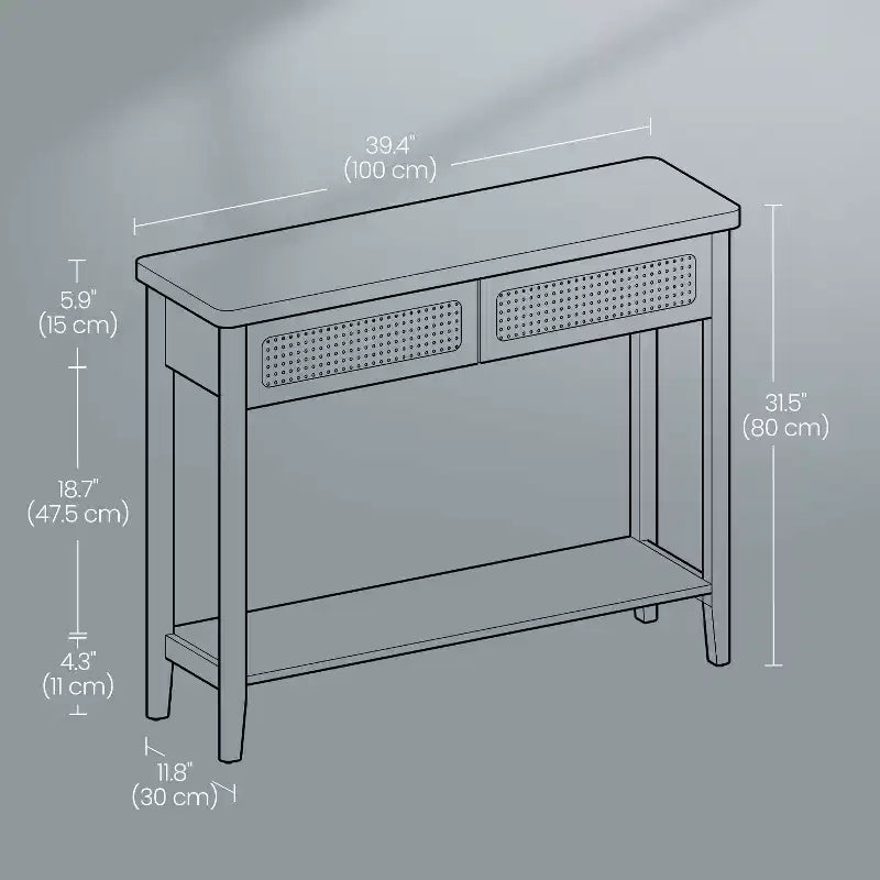 Console en rotin avec 2 tiroirs et étagère ouverte, table d'entrée étroite, 100 cm de large