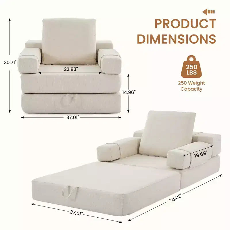 Chaise-lit convertible pliable avec accoudoirs amovibles et housse lavable