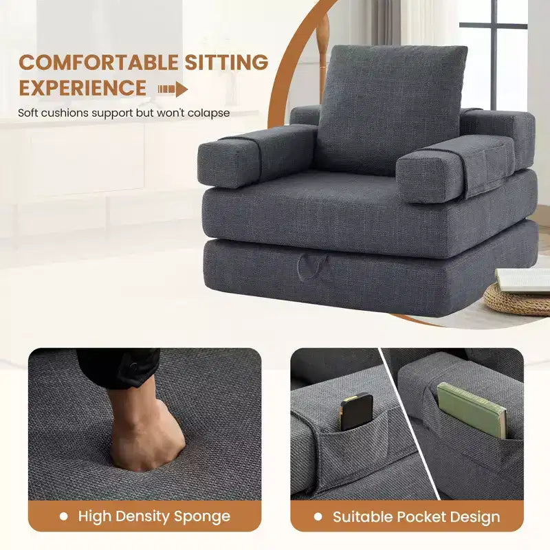 Chaise-lit convertible pliable avec accoudoirs amovibles et housse lavable