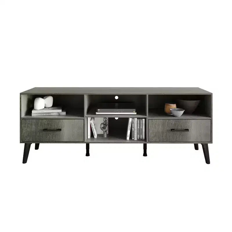 Meuble TV console de transition 60" avec 4 étagères ouvertes et 2 tiroirs, en bois composite