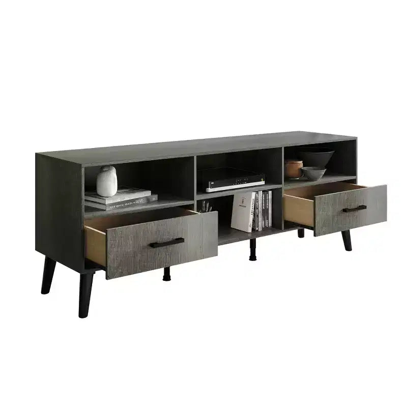 Meuble TV console de transition 60" avec 4 étagères ouvertes et 2 tiroirs, en bois composite