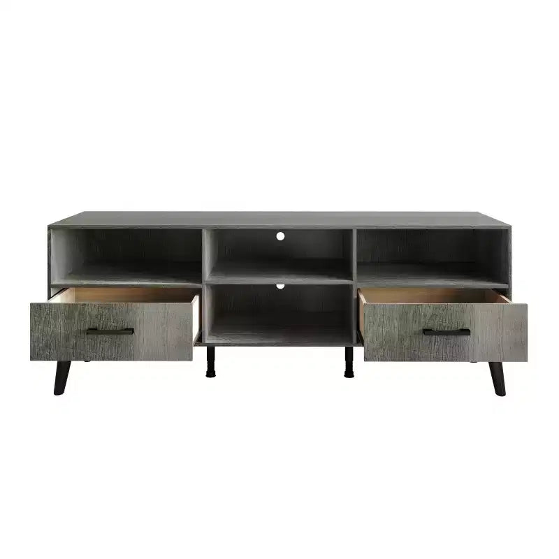 Meuble TV console de transition 60" avec 4 étagères ouvertes et 2 tiroirs, en bois composite