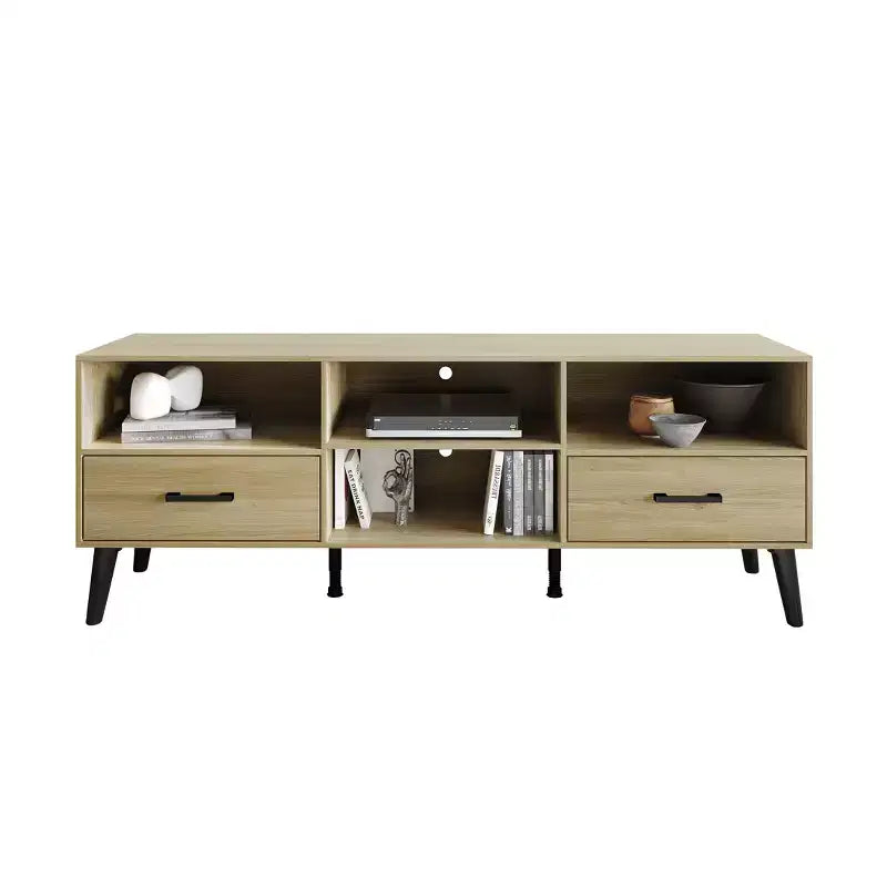 Meuble TV console de transition 60" avec 4 étagères ouvertes et 2 tiroirs, en bois composite