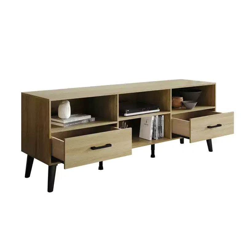Meuble TV console de transition 60" avec 4 étagères ouvertes et 2 tiroirs, en bois composite