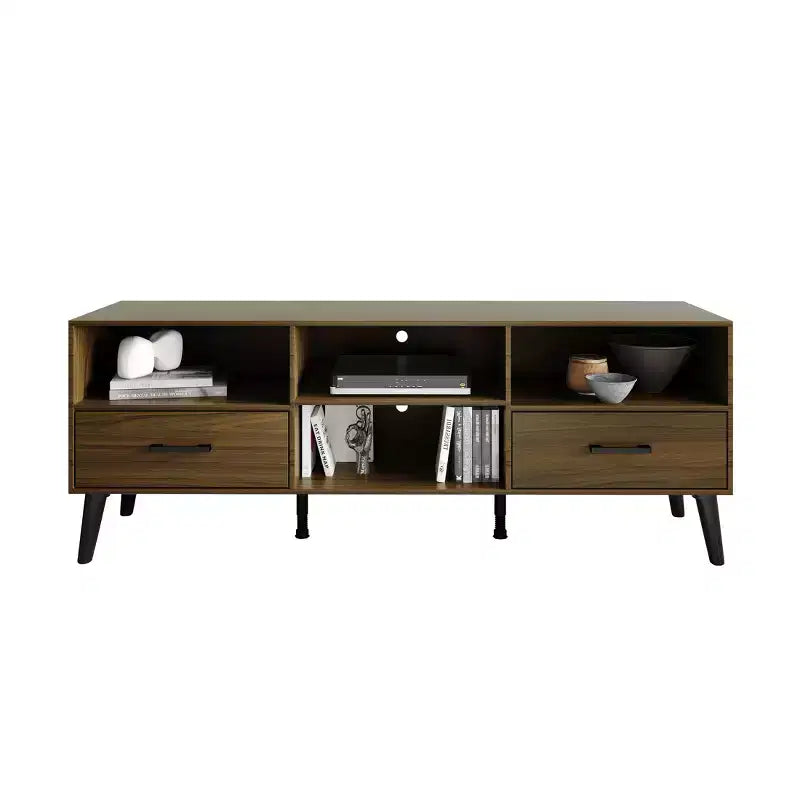 Meuble TV console de transition 60" avec 4 étagères ouvertes et 2 tiroirs, en bois composite