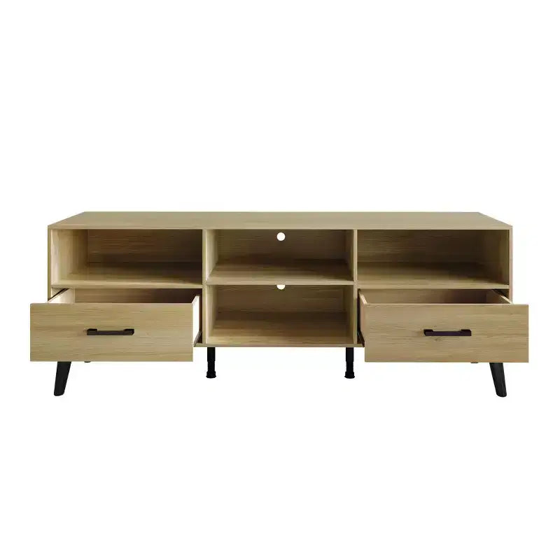 Meuble TV console de transition 60" avec 4 étagères ouvertes et 2 tiroirs, en bois composite