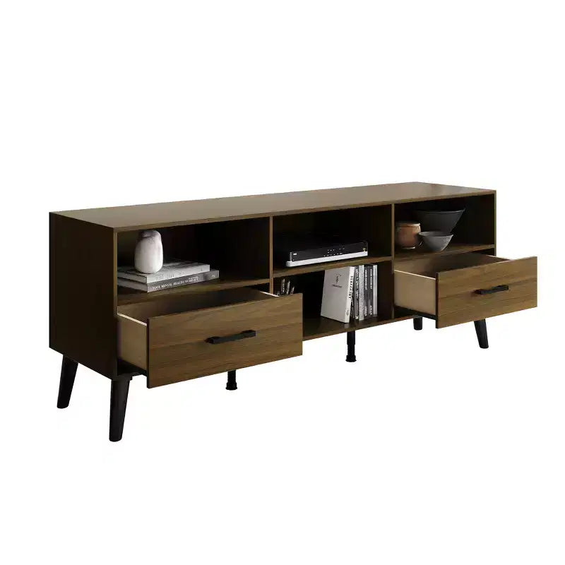 Meuble TV console de transition 60" avec 4 étagères ouvertes et 2 tiroirs, en bois composite
