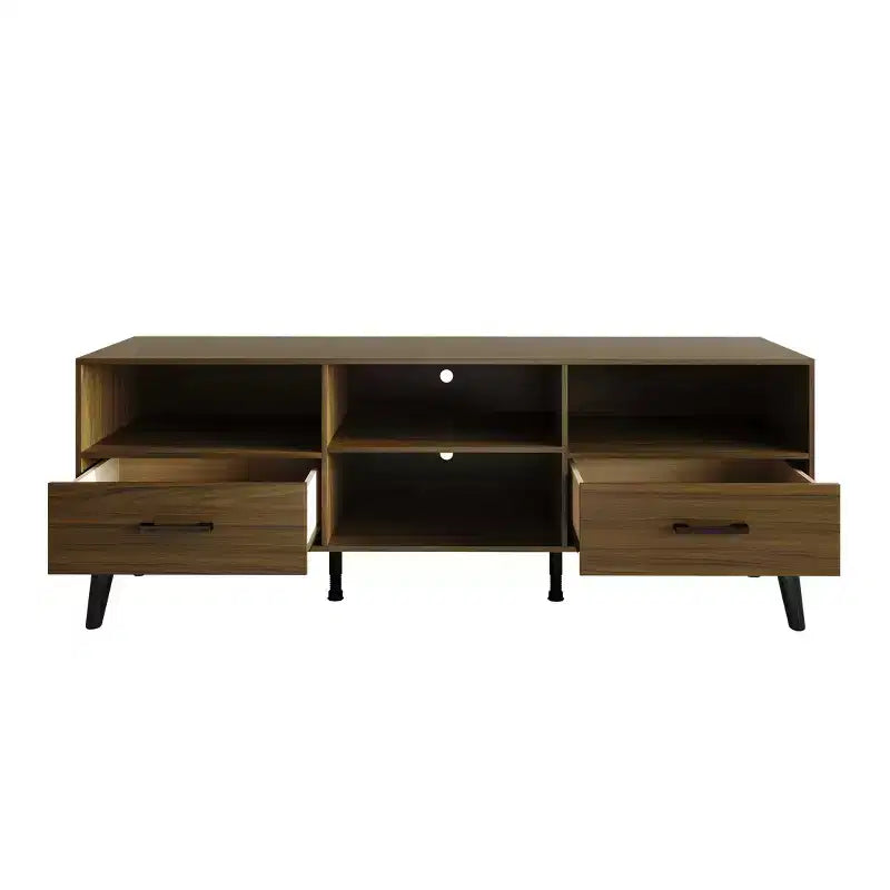 Meuble TV console de transition 60" avec 4 étagères ouvertes et 2 tiroirs, en bois composite
