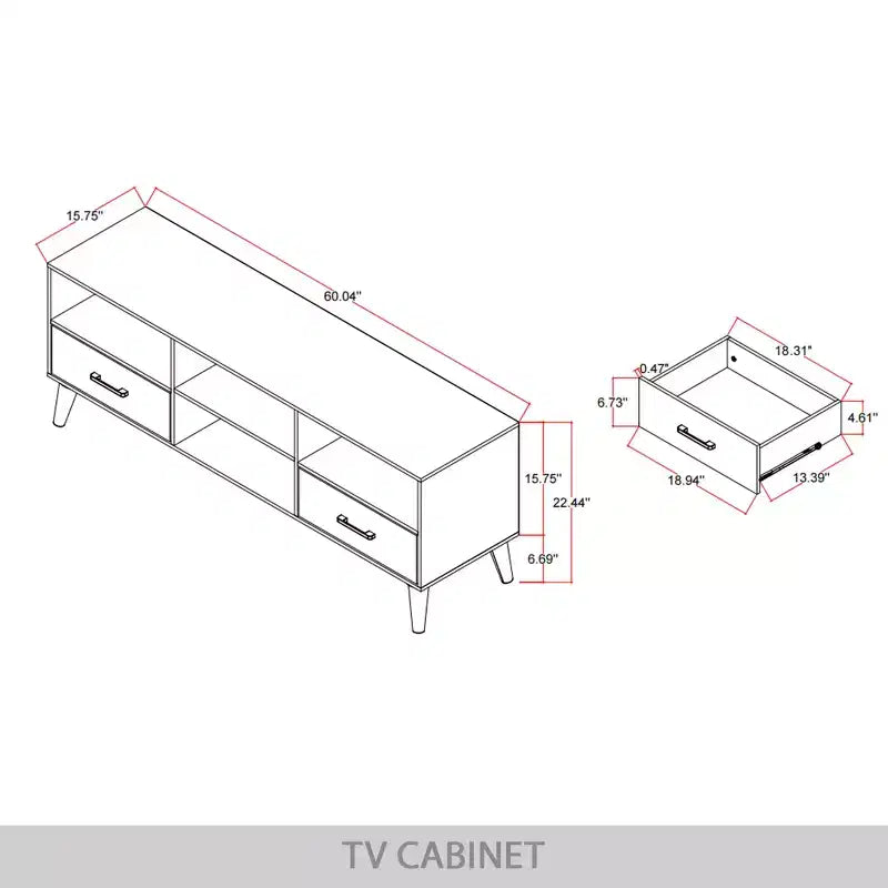 Meuble TV console de transition 60" avec 4 étagères ouvertes et 2 tiroirs, en bois composite