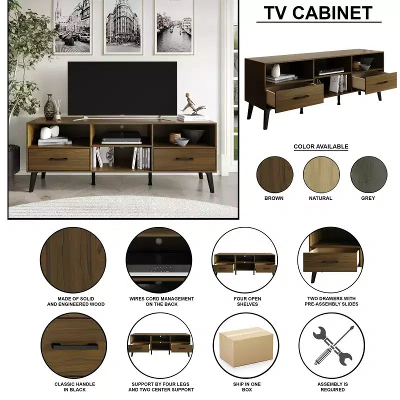 Meuble TV console de transition 60" avec 4 étagères ouvertes et 2 tiroirs, en bois composite