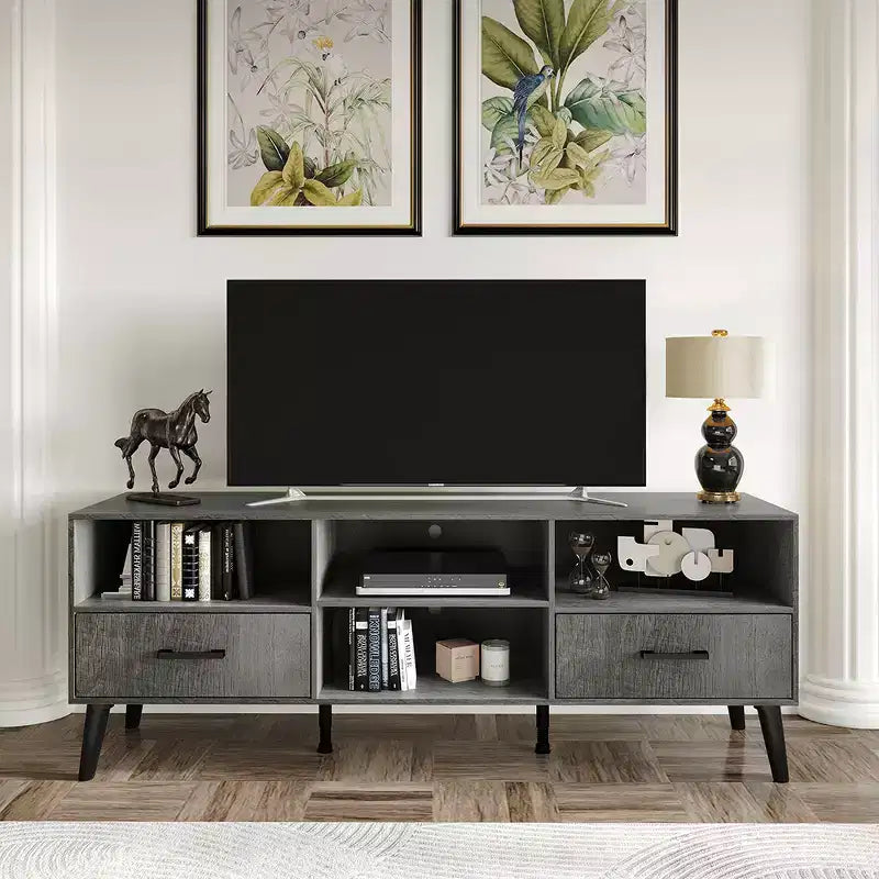 Meuble TV console de transition 60" avec 4 étagères ouvertes et 2 tiroirs, en bois composite