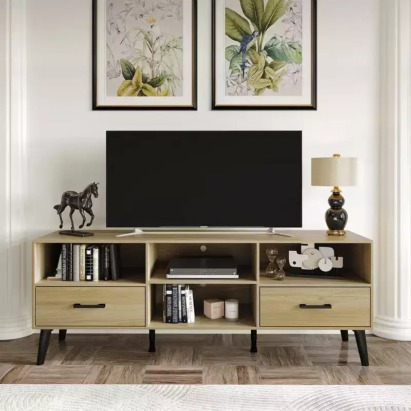 Meuble TV console de transition 60" avec 4 étagères ouvertes et 2 tiroirs, en bois composite