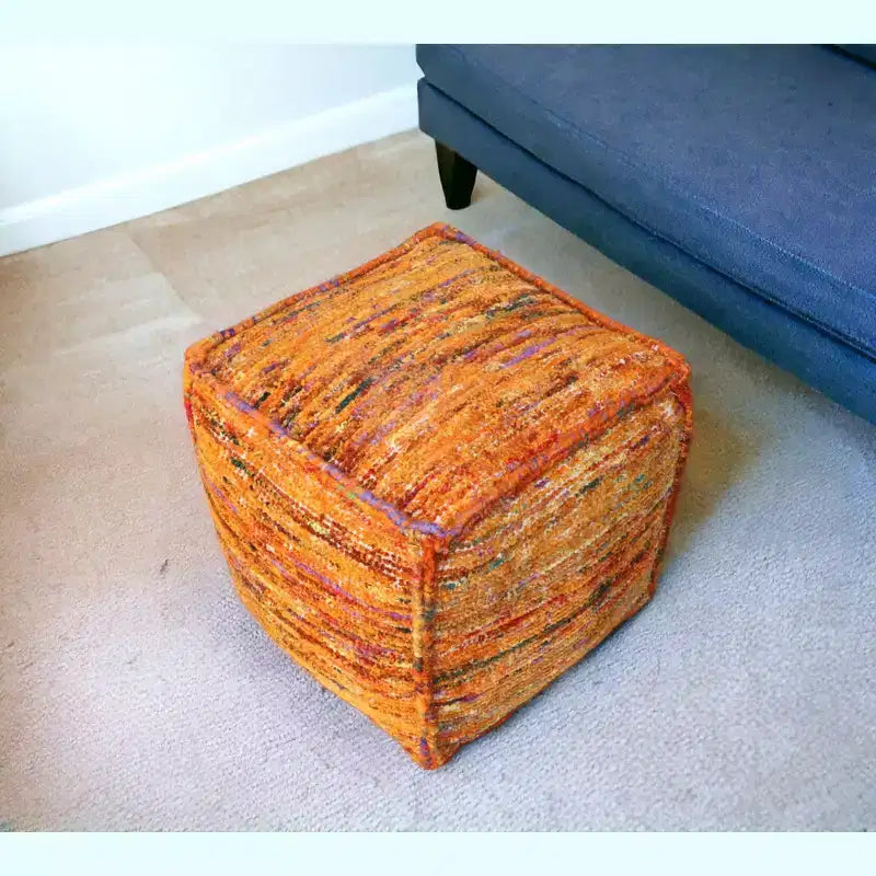Pouf ottoman cube en soie recyclée et coton orange de 45 cm, style bohème, supporte 136 kg