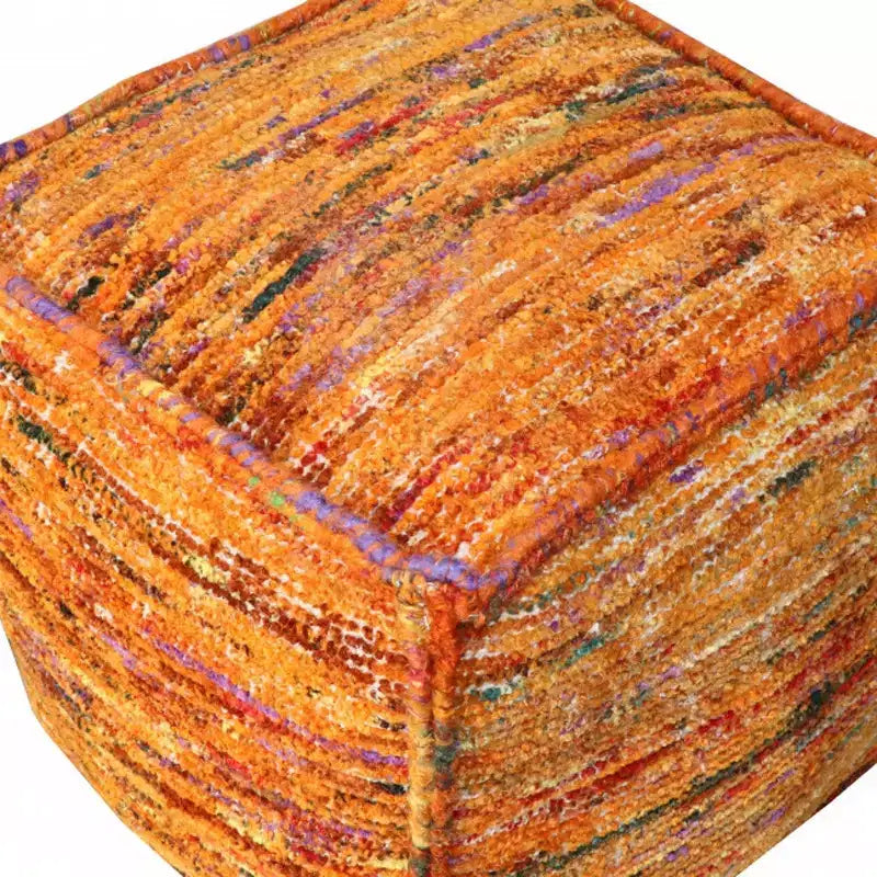 Pouf ottoman cube en soie recyclée et coton orange de 45 cm, style bohème, supporte 136 kg
