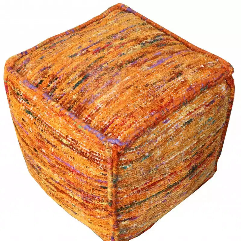 Pouf ottoman cube en soie recyclée et coton orange de 45 cm, style bohème, supporte 136 kg