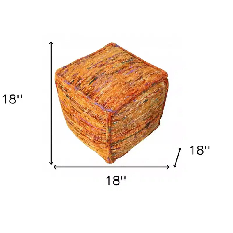Pouf ottoman cube en soie recyclée et coton orange de 45 cm, style bohème, supporte 136 kg
