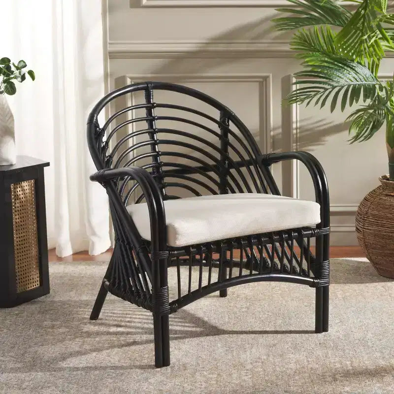 Fauteuil d'appoint en rotin avec coussin amovible et cadre en bois