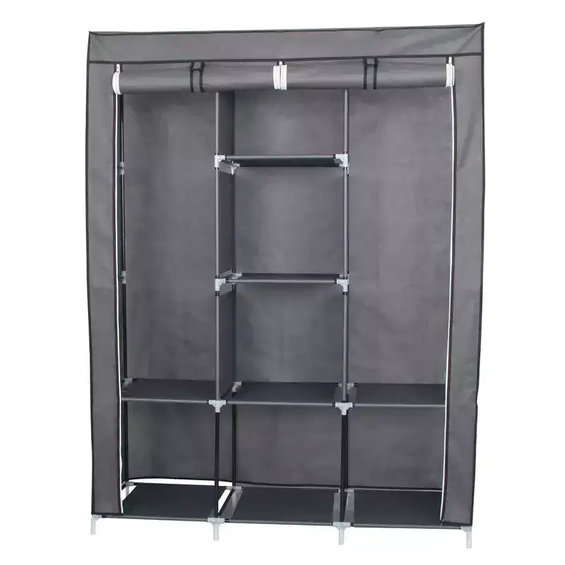 Armoire de rangement portable avec housse, 8 étagères et 2 tringles, gris