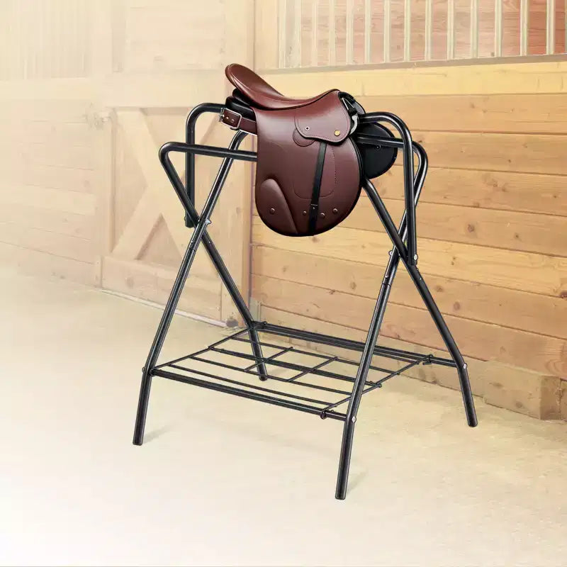 Support de selle et porte-couverture pour chevaux pliable, autoportant, en acier robuste, noir