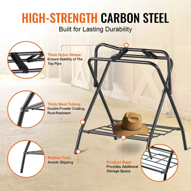 Support de selle et porte-couverture pour chevaux pliable, autoportant, en acier robuste, noir