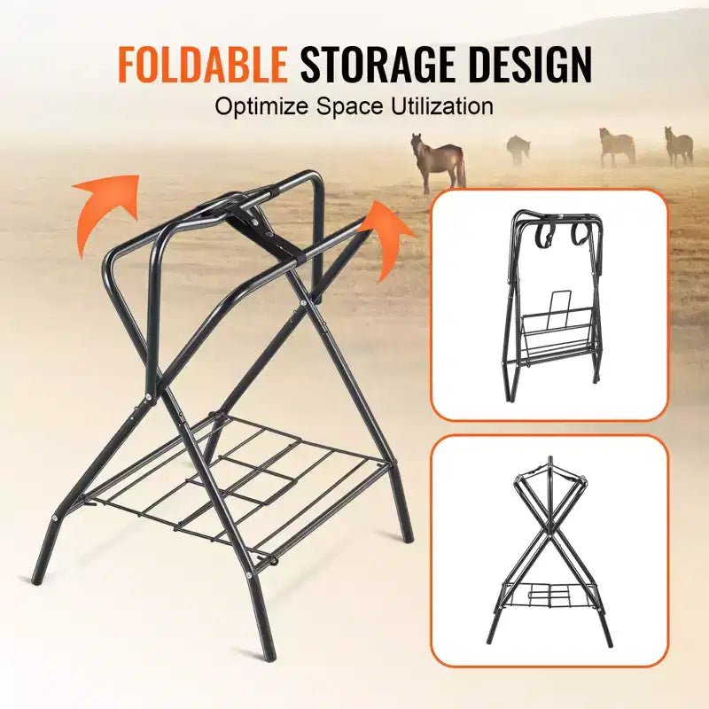 Support de selle et porte-couverture pour chevaux pliable, autoportant, en acier robuste, noir