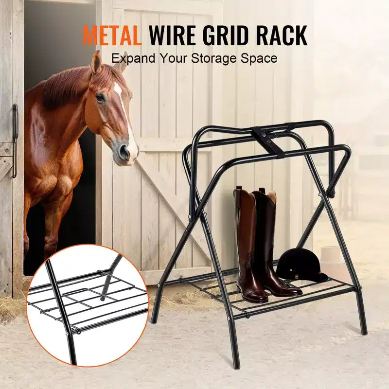 Support de selle et porte-couverture pour chevaux pliable, autoportant, en acier robuste, noir