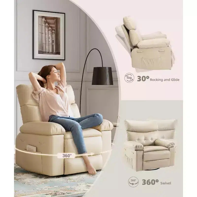 Fauteuil inclinable surdimensionné 27 avec chauffage et massage, pivotant à 360° et bascule manuelle, télécommande pour salon, chambre à coucher