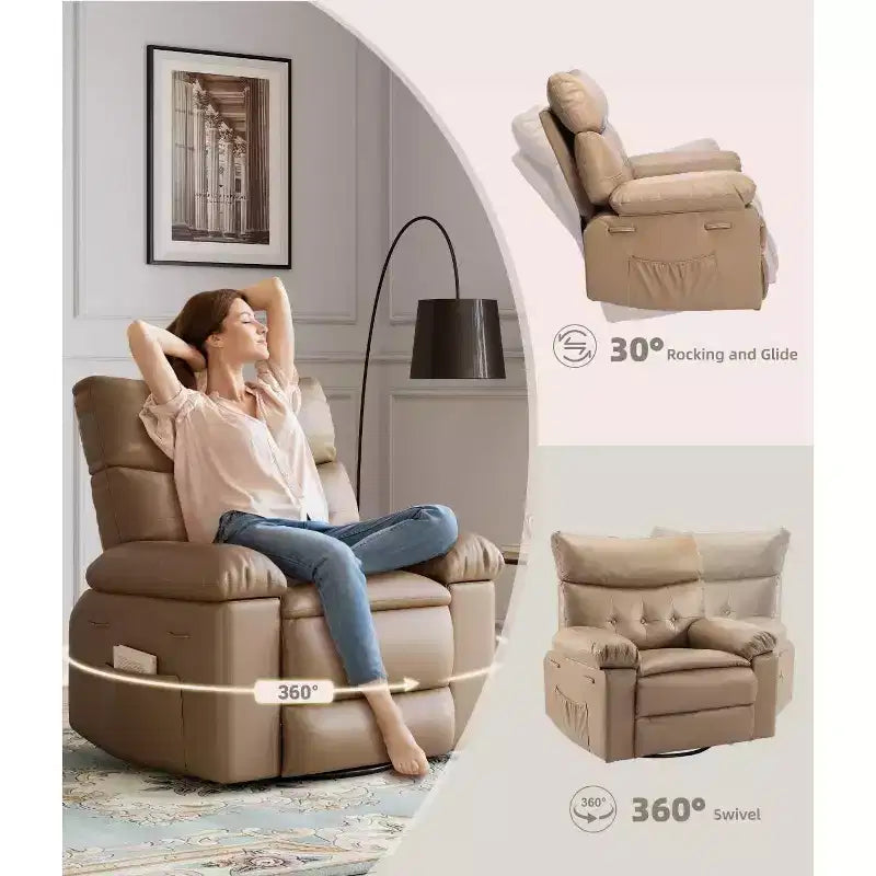 Fauteuil inclinable surdimensionné 27 avec chauffage et massage, pivotant à 360° et bascule manuelle, télécommande pour salon, chambre à coucher