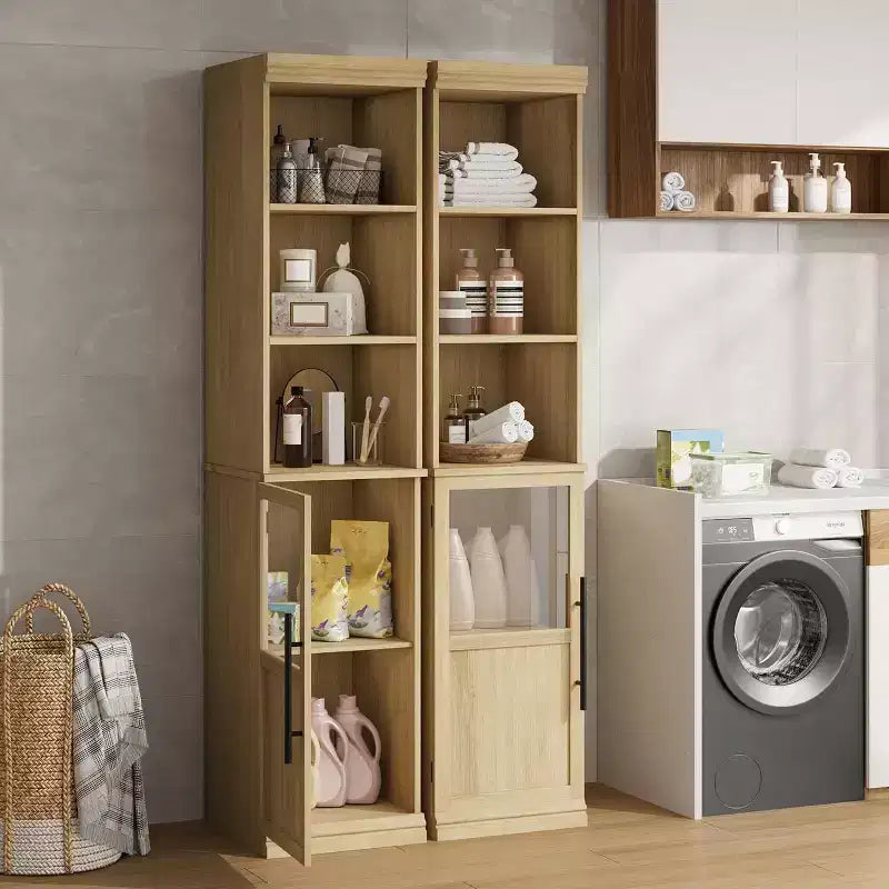 Meuble de rangement haut et étroit de 178 cm avec porte en verre, étagères ouvertes, meuble de salle de bain autoportant et mince pour petits espaces, cuisine, buanderie, salon