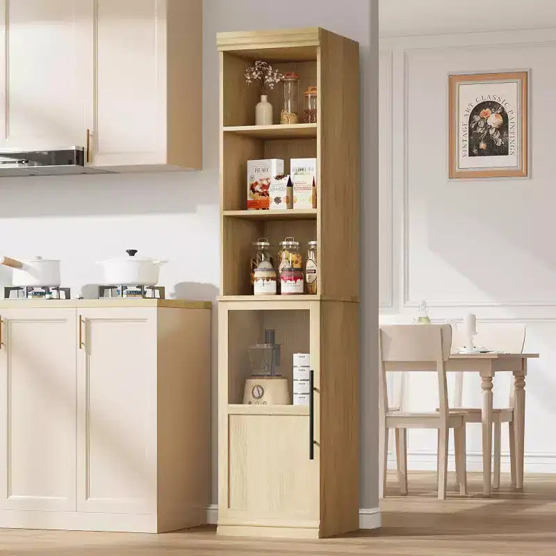 Meuble de rangement haut et étroit de 178 cm avec porte en verre, étagères ouvertes, meuble de salle de bain autoportant et mince pour petits espaces, cuisine, buanderie, salon
